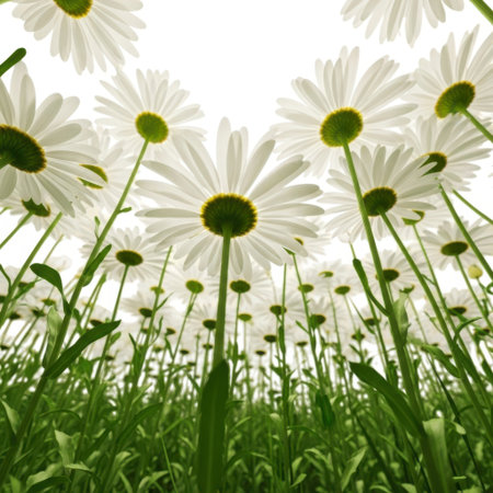 A low-angle view looking up through a field of daisies with green grass and a bright sky. The image emphasizes the delicate petals and stems, creating a serene and uplifting outdoor scene with no people present.の素材