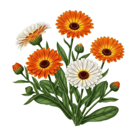 A vibrant bouquet of calendula flowers in orange and white hues, set against a clean backdrop. This botanical arrangement showcases the natural beauty and delicate details of each bloom.の素材