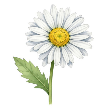 A single, delicate daisy with vibrant yellow center and white petals, set against a clean backdrop. This image highlights the natural beauty of the wildflower, perfect for various design uses.の素材