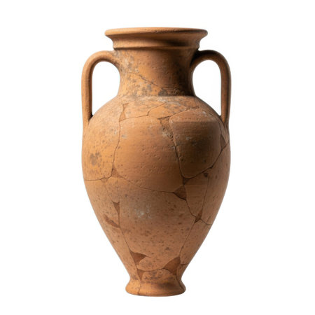 A single, ancient terracotta amphora with two handles is presented in sharp detail, isolated on a pure white background.の素材
