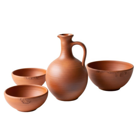 A traditional terracotta jug with a handle sits beside three simple earthenware bowls, all presented on a clean white background.の素材