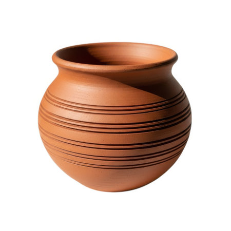 A single, traditional terracotta pot with decorative horizontal lines, presented cleanly isolated on a white background.の素材