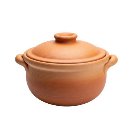 A single, unglazed terracotta cooking pot with a fitted lid and two side handles is presented on a clean white background.の素材