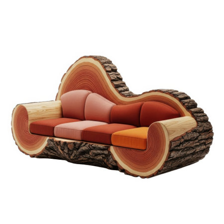 A distinctive sofa crafted from a large log, featuring natural bark and comfortable upholstered cushions, presented isolated on a white background.の素材