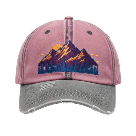This stylish pink baseball cap showcases a vibrant sunset over rugged mountains. A perfect accessory for outdoor enthusiasts, it combines fashion with a love for nature's beauty.の素材