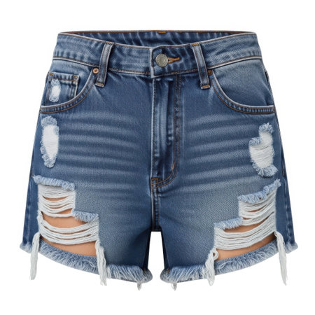 High-quality ripped denim shorts perfect for a casual summer outfit. These shorts feature a comfortable fit and distressed details, ideal for everyday wear and fashion-forward looks.の素材