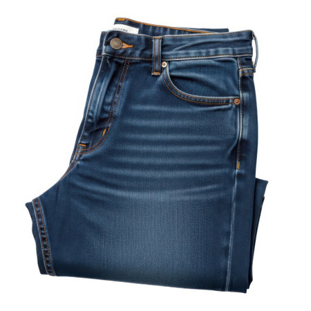 A pair of dark wash denim jeans neatly folded. These versatile jeans offer a timeless style perfect for any casual occasion, blending durability with modern fashion appeal.の素材