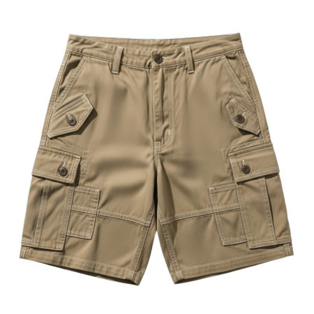 These khaki cargo shorts feature multiple functional pockets, perfect for storing essentials. Made for comfort and durability, they are ideal for casual outings, travel, and outdoor adventures.の素材