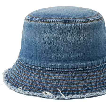 A close-up view of a durable blue denim bucket hat, perfect for adding a touch of laid-back style to any outfit. Its classic design offers sun protection and versatile wear.の素材