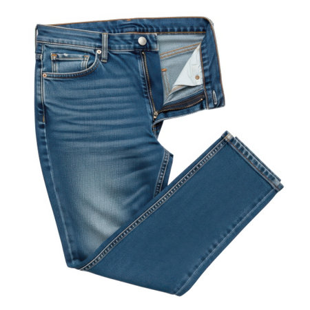 A pair of stylish blue denim jeans folded neatly, showcasing their texture and modern design. Perfect for fashion photography or retail product listings.の素材