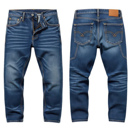 Showcasing a pair of fashionable blue denim jeans with detailed stitching and a classic fit. Both the front and back views are presented, highlighting the garment's design elements and texture for a comprehensive look.の素材