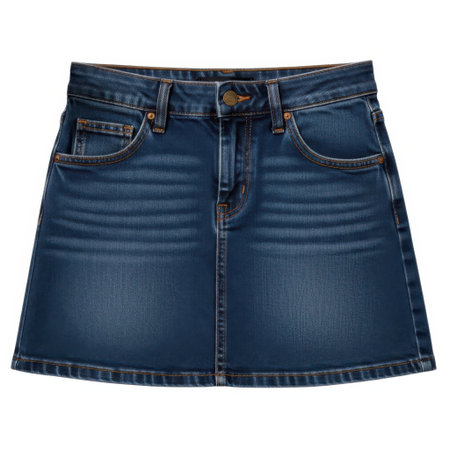 A close-up studio shot of a dark wash denim A-line skirt with classic five-pocket styling and visible stitching, perfect for casual or fashion-forward outfits.の素材