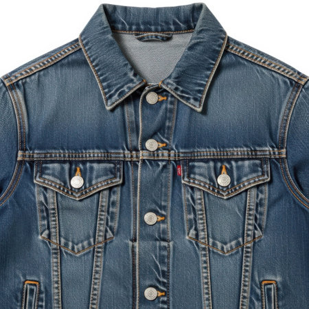 Detailed view of a blue denim jacket showcasing its texture, stitching, metal buttons, and pocket details. Perfect for fashion retail and apparel catalogs.の素材