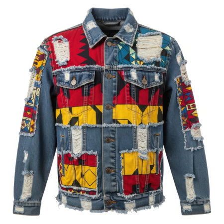 Discover this unique denim jacket featuring a bold patchwork design with colorful fabric inserts. A statement piece for a distinctive and fashionable look.の素材