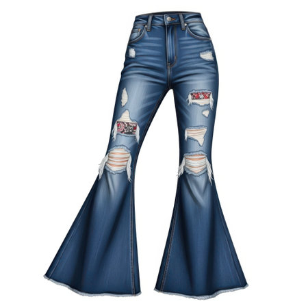 Showcase these trendy distressed blue denim bell bottom jeans. Featuring a flattering high-waisted fit and dramatic flare, these pants are perfect for a retro-inspired fashion statement.の素材