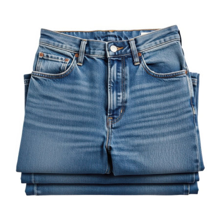 A pair of classic blue denim jeans folded neatly. The detailed fabric texture and stitching are visible, showcasing the quality and style of the garment.の素材