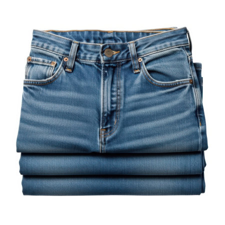 A neatly folded stack of classic blue denim jeans showcasing their texture and durable fabric. Perfect for casual looks, workwear, and versatile styling options.の素材