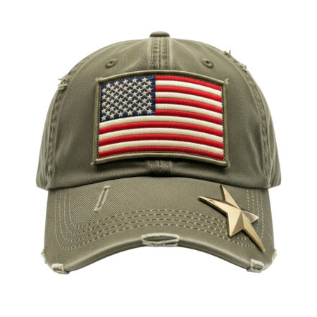 A close-up studio shot of a distressed olive green baseball cap featuring an embroidered American flag patch and a metallic star accent, showcasing a vintage, patriotic aesthetic.の素材