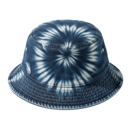 A unique tie-dye bucket hat featuring a dark blue and white swirl pattern. This versatile hat offers sun protection and adds a trendy touch to any outfit.の素材