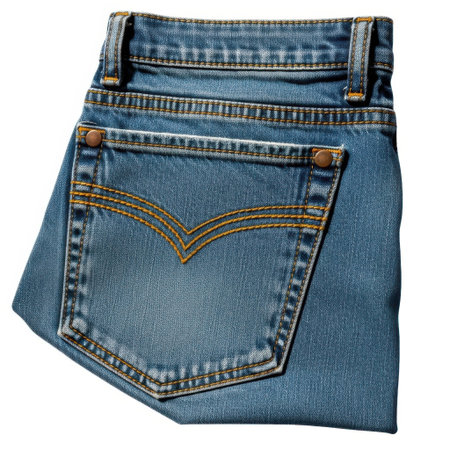 A detailed view of folded blue denim jeans highlighting the textured fabric, stitching, and unique pocket design. Perfect for fashion, apparel, and clothing-related content.の素材