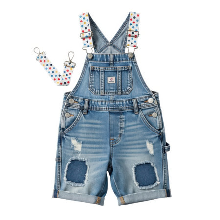 Adorable and fashionable denim short overalls designed for toddlers. Featuring a distressed wash, patched details, and charming polka dot adjustable straps for a playful look.の素材