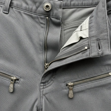 A detailed close-up shot showcasing the texture of gray pants. The image highlights the operational zipper fly and additional zippered pockets, offering a view of the garment's construction.の素材