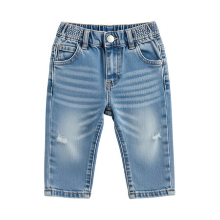 Adorable toddler jeans crafted from soft blue denim. Designed with a comfortable elastic waistband, faux fly, and subtle distressed accents for a trendy look.の素材