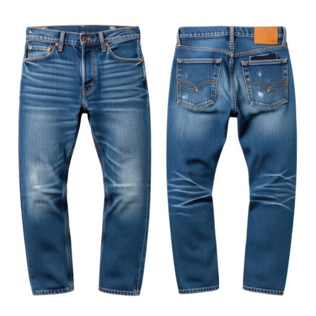 Discover these high-quality blue denim jeans presented from both the front and back. Perfect for fashion websites, online stores, and apparel collections, showcasing denim craftsmanship.の素材
