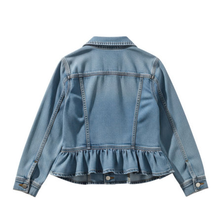 Showcasing the back view of a fashionable light blue denim jacket. This piece features a unique ruffled hemline and a subtle patch detail on the back, perfect for adding a chic touch to any outfit.の素材