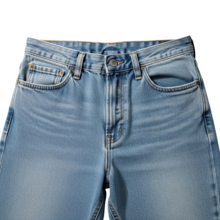 Detailed view of light blue denim jeans, showcasing the waistband, belt loops, pockets, and stitching. Perfect for fashion, retail, and design contexts.の素材