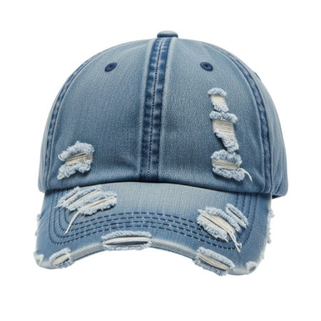 A close-up view of a trendy distressed denim baseball cap. This cap features unique rips and a faded wash, perfect for adding a casual and fashionable touch to any outfit.の素材