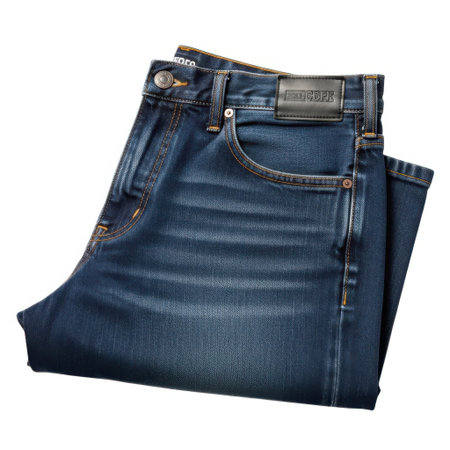 A pair of dark blue denim jeans is neatly folded showcasing its textured fabric and classic design. Perfect for everyday wear offering style and comfort for any occasion.の素材