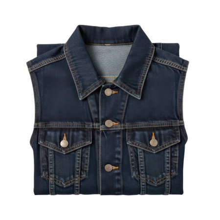 A close-up, top-down view of a blue denim sleeveless vest. This versatile garment features a classic collar, two chest pockets with button closures, and metal buttons down the front.の素材
