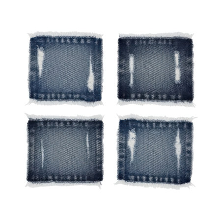 Four neatly arranged square swatches of blue denim fabric with visible texture and stitching detail. The swatches are presented on a clean white background, ideal for design or material reference.の素材