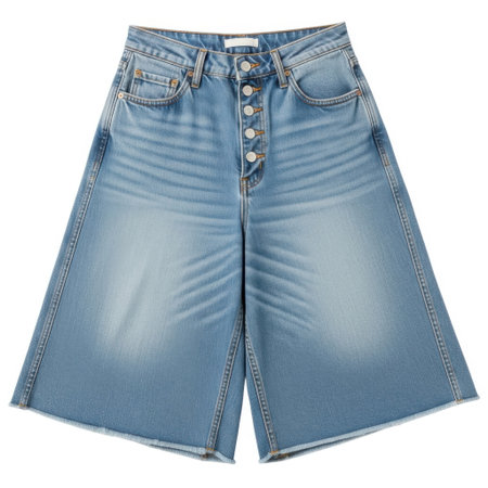 Stylish light wash denim culottes featuring a flattering wide leg silhouette button fly closure and trendy raw hem ideal for casual everyday wear and fashionable outfits.の素材