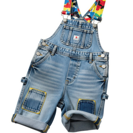 Stylish and durable denim overalls perfect for your little one. Featuring playful patchwork details and vibrant, multi-colored straps for a fun, fashionable look.の素材