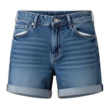 Discover comfortable and fashionable blue denim jean shorts perfect for any casual summer outfit. These shorts feature a classic rolled hem and are designed for everyday wear.の素材