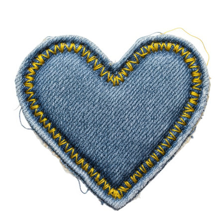A textured denim heart shaped patch featuring a prominent, colorful stitched border. This embellishment is perfect for adding a unique touch to clothing, bags, or DIY craft projects.の素材