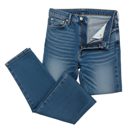 A pair of stylish blue denim jeans is presented in a casual laid-flat arrangement. The image highlights the front view, showcasing the buttoned fly, pocket details, and the classic texture of the fabric.の素材