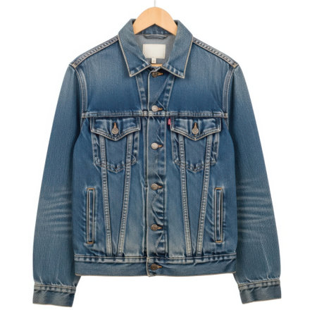 This eye-catching denim jacket features a distressed wash and intricate patchwork detailing, offering a unique and fashionable outerwear option for any wardrobe. Perfect for casual or statement looks.の素材