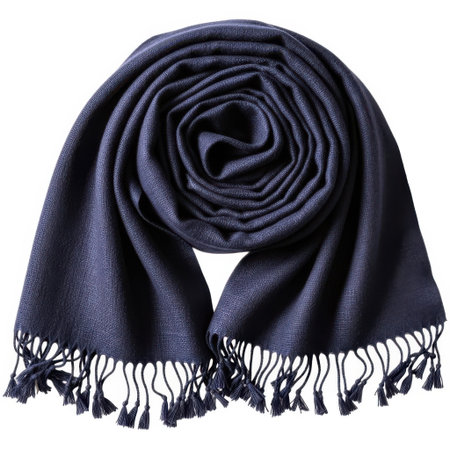 Experience ultimate comfort and style with this exquisite deep navy blue pashmina scarf. Featuring soft texture and elegant fringes, it's perfect for adding a touch of sophistication to any outfit.の素材