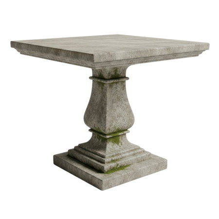 A single, weathered stone pedestal table with a square top and a decorative, carved base is presented isolated on a clean white background.の素材