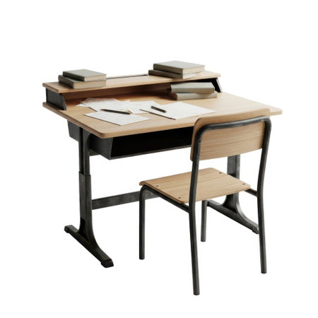 A classic wooden school desk and chair set, complete with books and papers, presented isolated on a clean white background.の素材