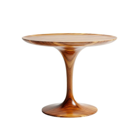 A single wooden tulip pedestal dining table with a round top is presented isolated on a clean white background.の素材