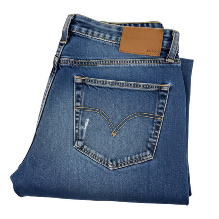 A neatly folded pair of classic blue denim jeans, showcasing textured fabric and stitching. These versatile jeans are perfect for everyday wear and casual fashion.の素材