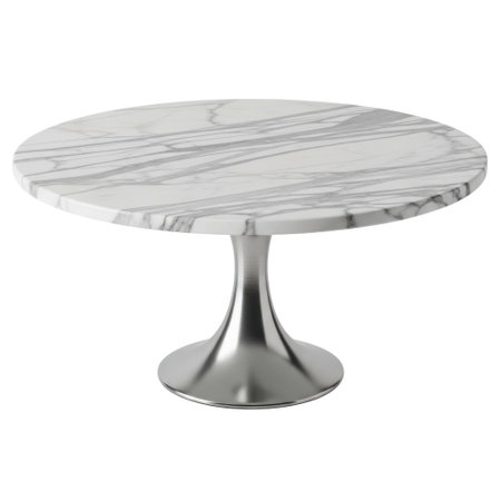 A stylish round marble top dining table with a polished chrome pedestal base, presented isolated on a clean white background.の素材