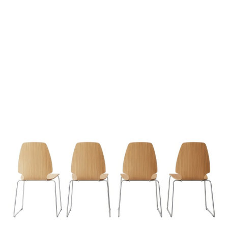 A row of four identical modern chairs with light brown seats and silver metal legs is presented isolated on a clean white background.の素材