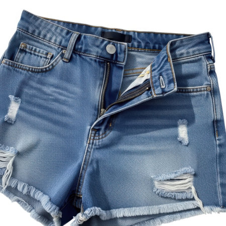 Close-up of distressed denim shorts featuring ripped details and a frayed hem. These versatile shorts are perfect for a casual summer look and everyday wear.の素材