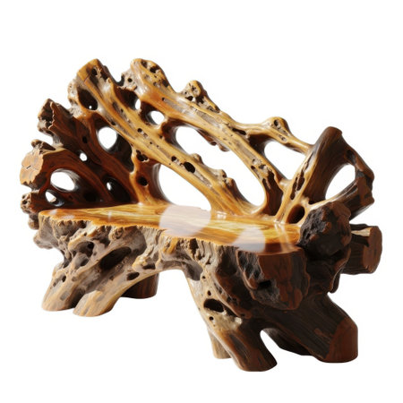 A complex, naturally formed wooden structure with many holes and branches, presented on a clean white background.の素材