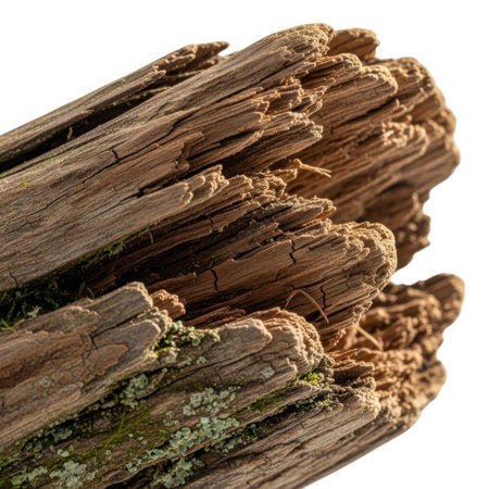 A close-up view of a weathered, textured piece of natural wood with prominent grain and rough surfaces, isolated on a white background.の素材